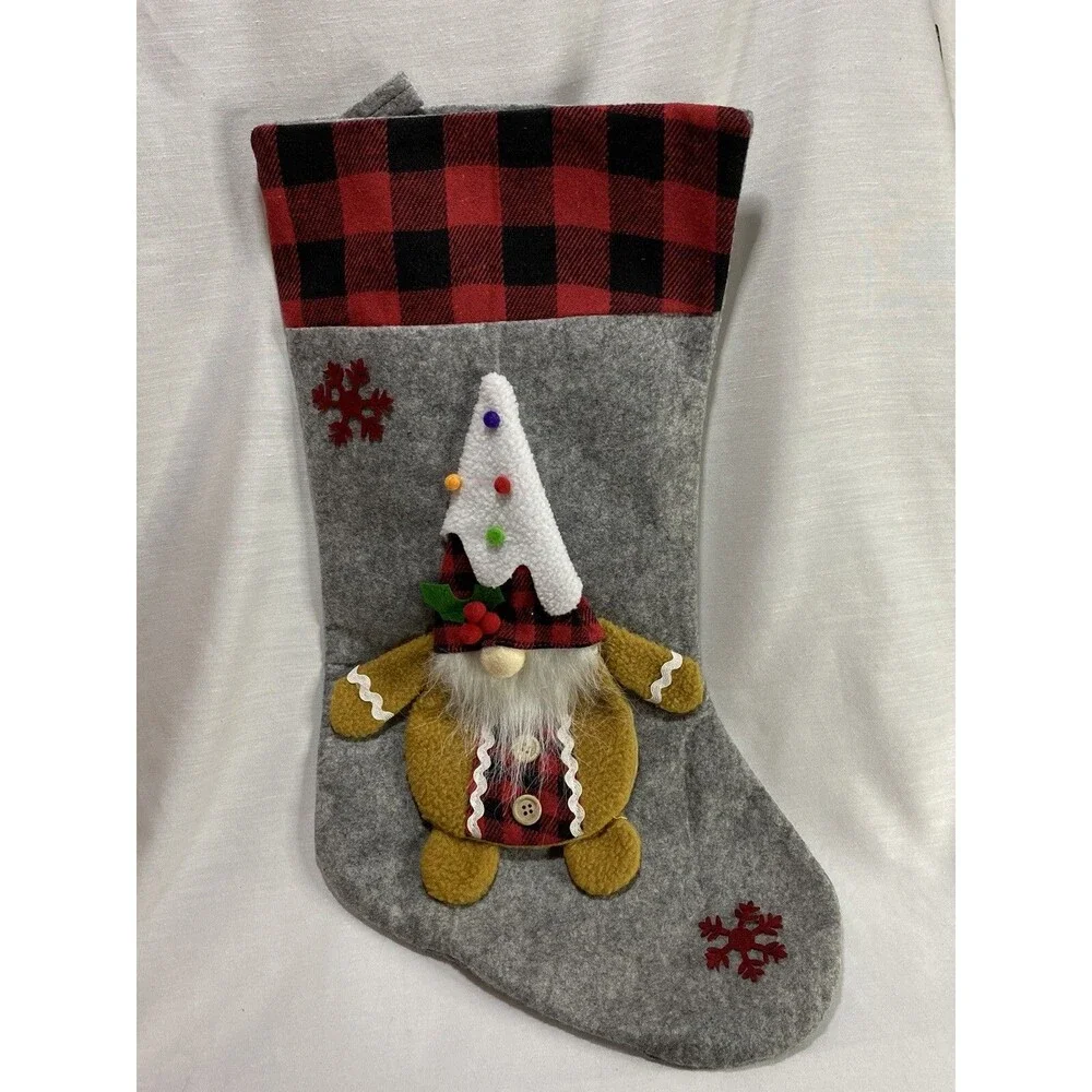 Christmas Stocking 3D Gnome Gingerbread & Plaid Cuff Xmas Decorations Candy bag